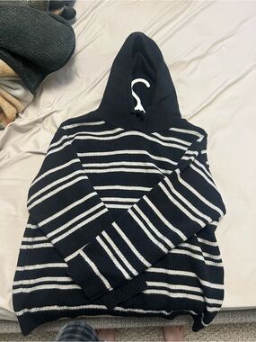Black and White Striped Hooded Sweater - Men's